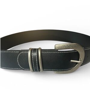 Elegant Vintage Black Leather Belt with Brushed Silver Accents Including Buckle.